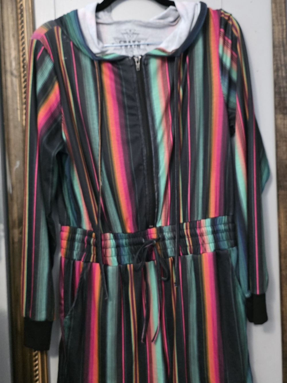 Crazy Train Neon Stripe Hooded Romper with Drawstring Waist